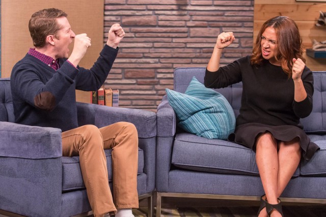 "Scott Aukerman and Maya Rudolph in Comedy Bang! Bang!  (Photo by Chris Ragazzo/IFC©2014)"